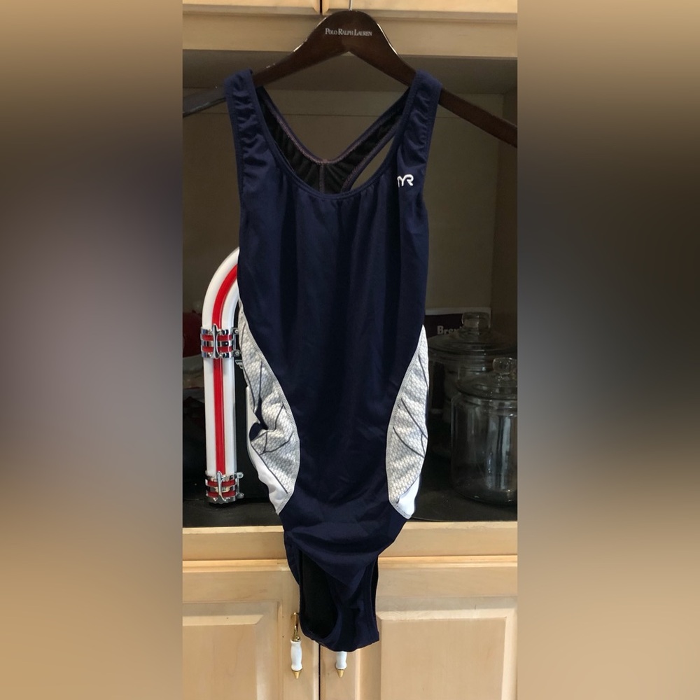 TYR Navy, White, and Grey Athletic Swimsuit Sz. 36 / 10